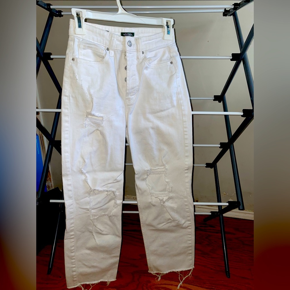High wasted, White, Distressed, Straight-leg Jeans
